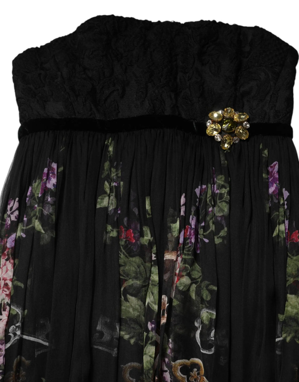 Robe noire à fleurs dolce & gabbana avec corsage froncé et broche dorée ornée à la taille