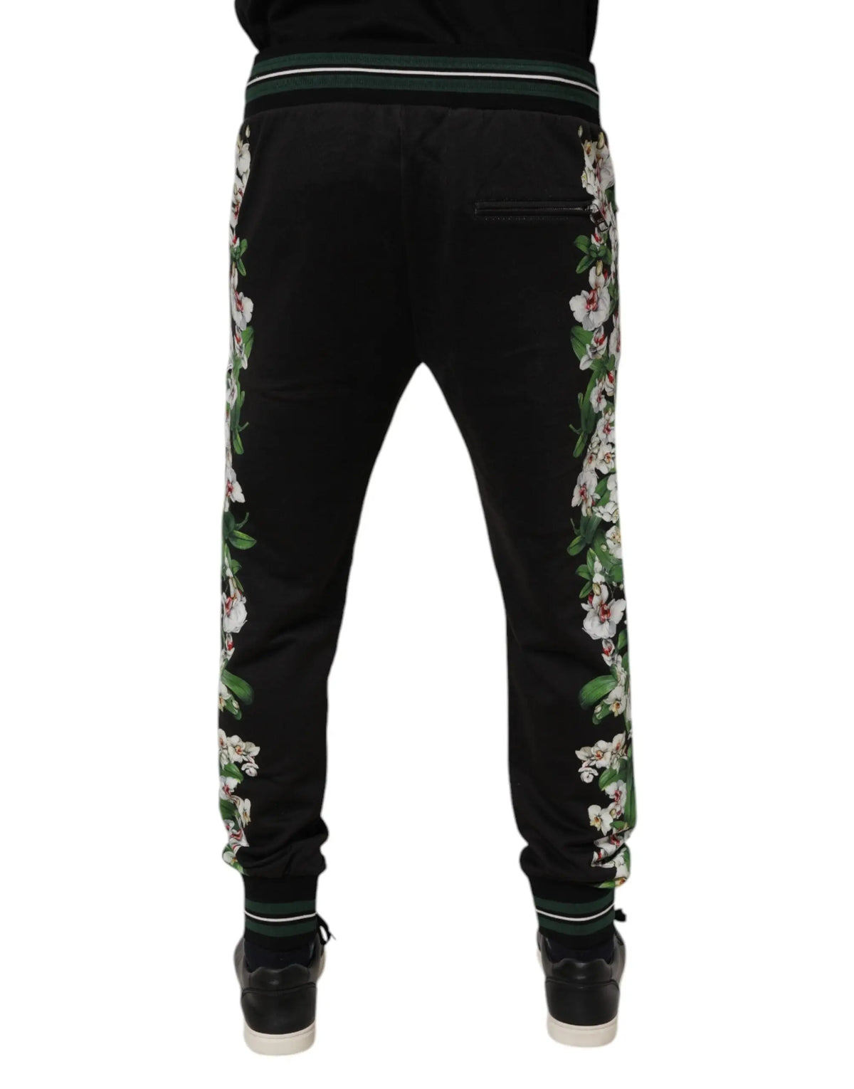 Dolce & gabbana black floral king men jogger sweatpants with vertical white and pink blossoms and dark green cuffs