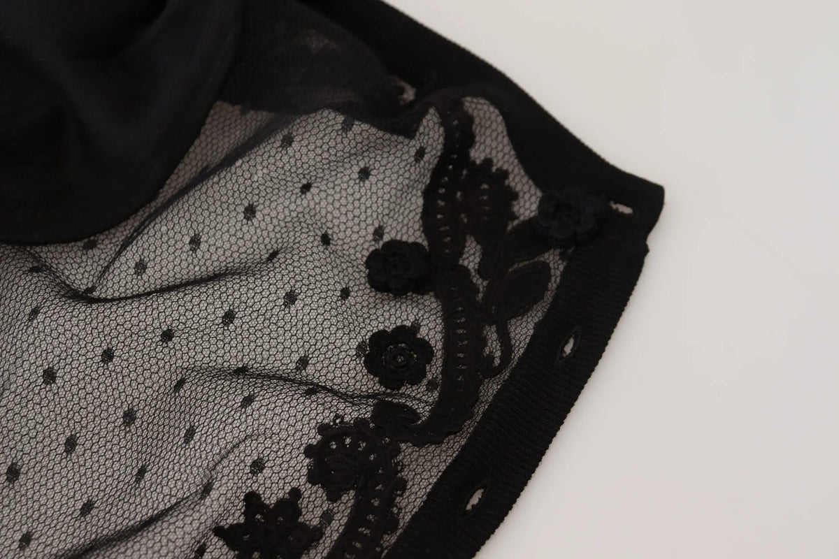 Cardigan dolce et gabbana noir en maille transparente avec bordure en dentelle florale noire et motif à pois subtil