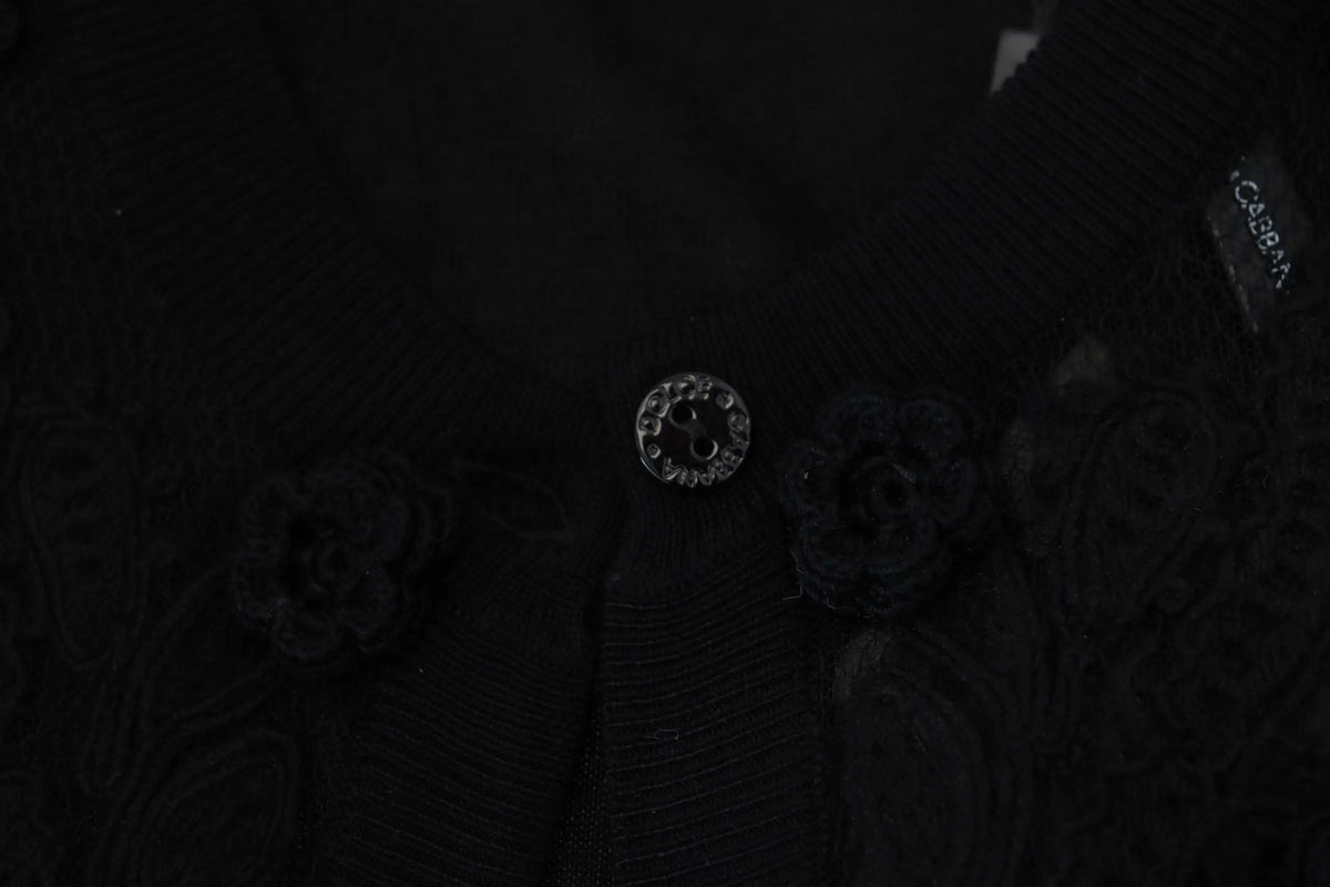 Bouton argenté orné de cristaux sur cardigan en dentelle noire à motif floral dolce & gabbana