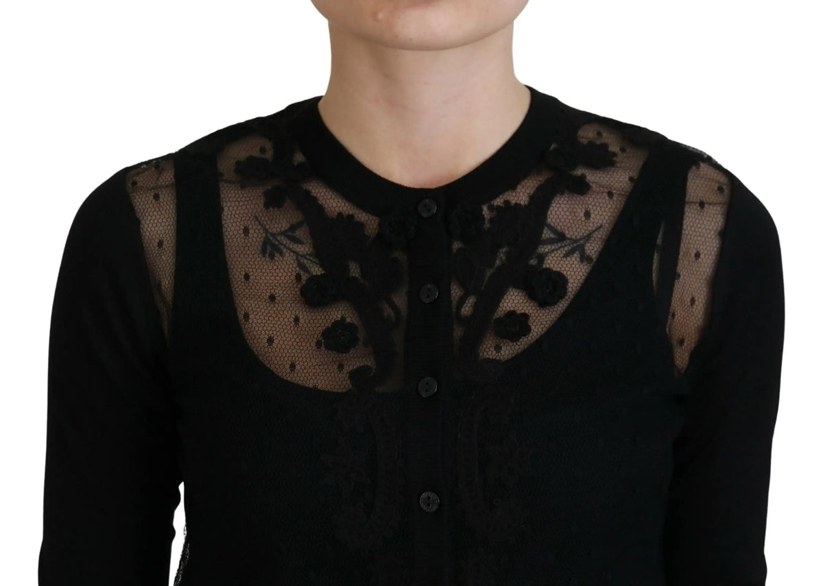 Cardigan noir dolce & gabbana en dentelle florale avec panneaux en maille transparente et boutons