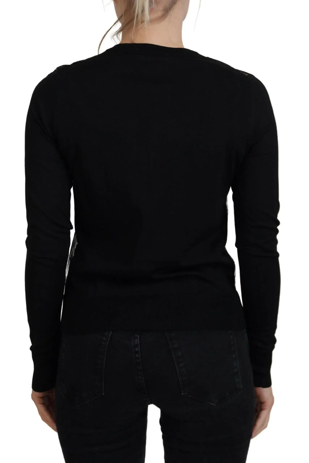 Dolce & gabbana cardigan noir en maille avec boutons et dentelle florale, manches longues et col rond