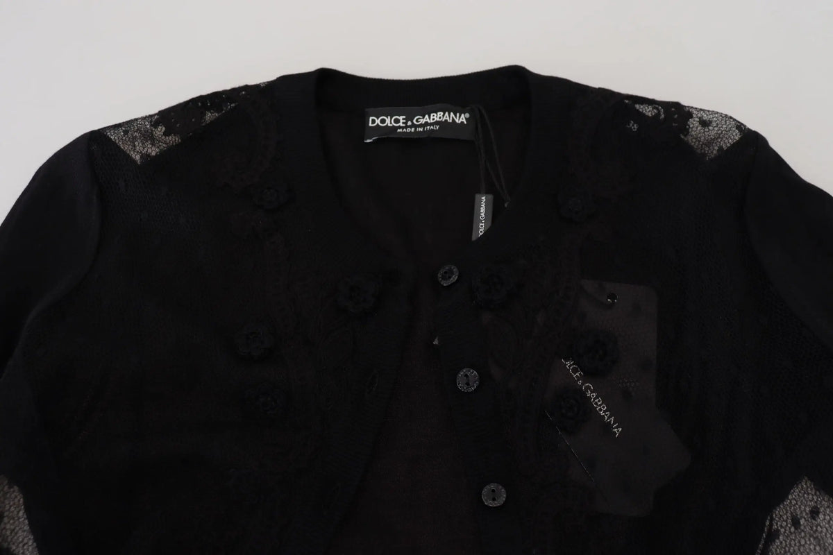 Cardigan dolce & gabbana noir avec boutons noirs et dentelle florale aux épaules