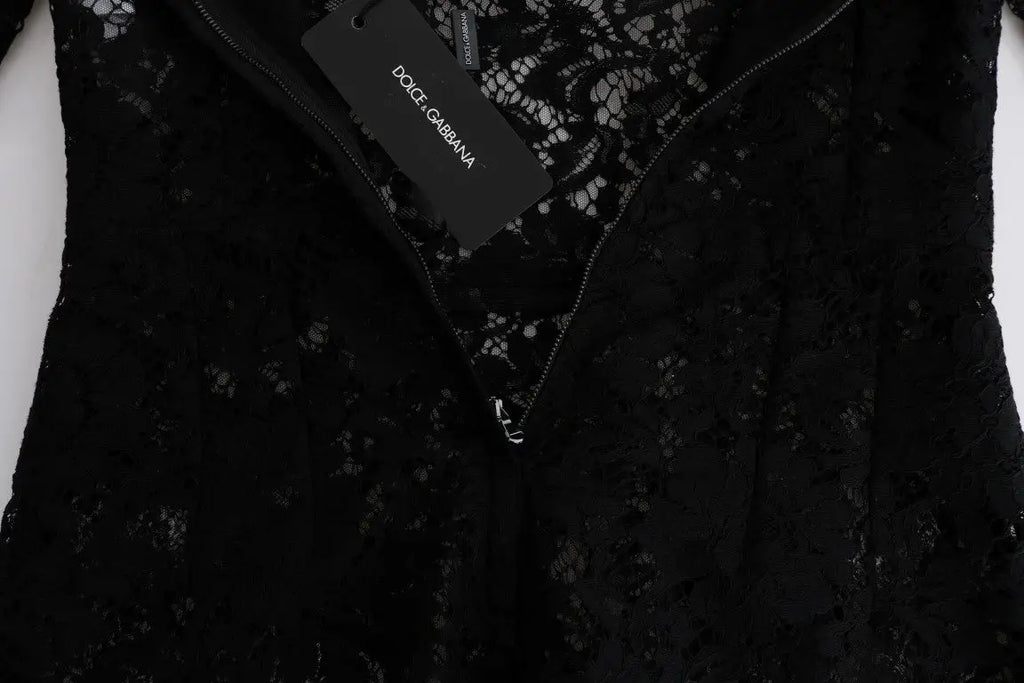 Robe noire en dentelle florale dolce & gabbana avec motifs chamomille et fermeture éclair avant
