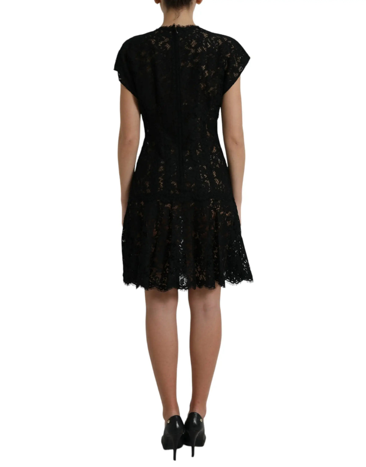 Robe noire en dentelle florale dolce gabbana en coton avec manches courtes et jupe évasée style mini coupe a