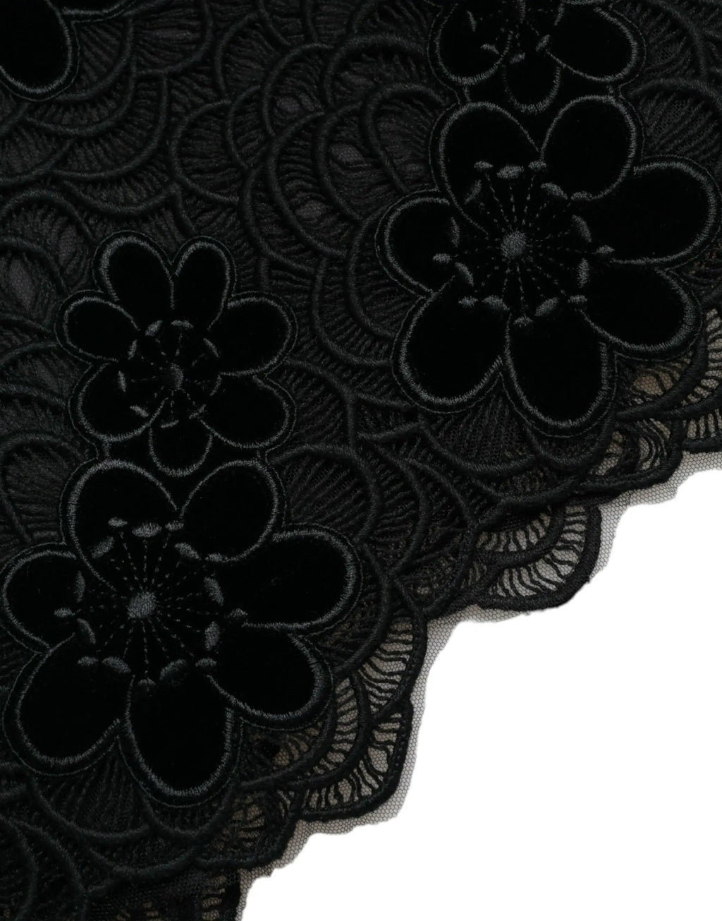 Dentelle florale noire avec fleurs en velours brodé et bords festonnés pour robe moulante coton dolce & gabbana