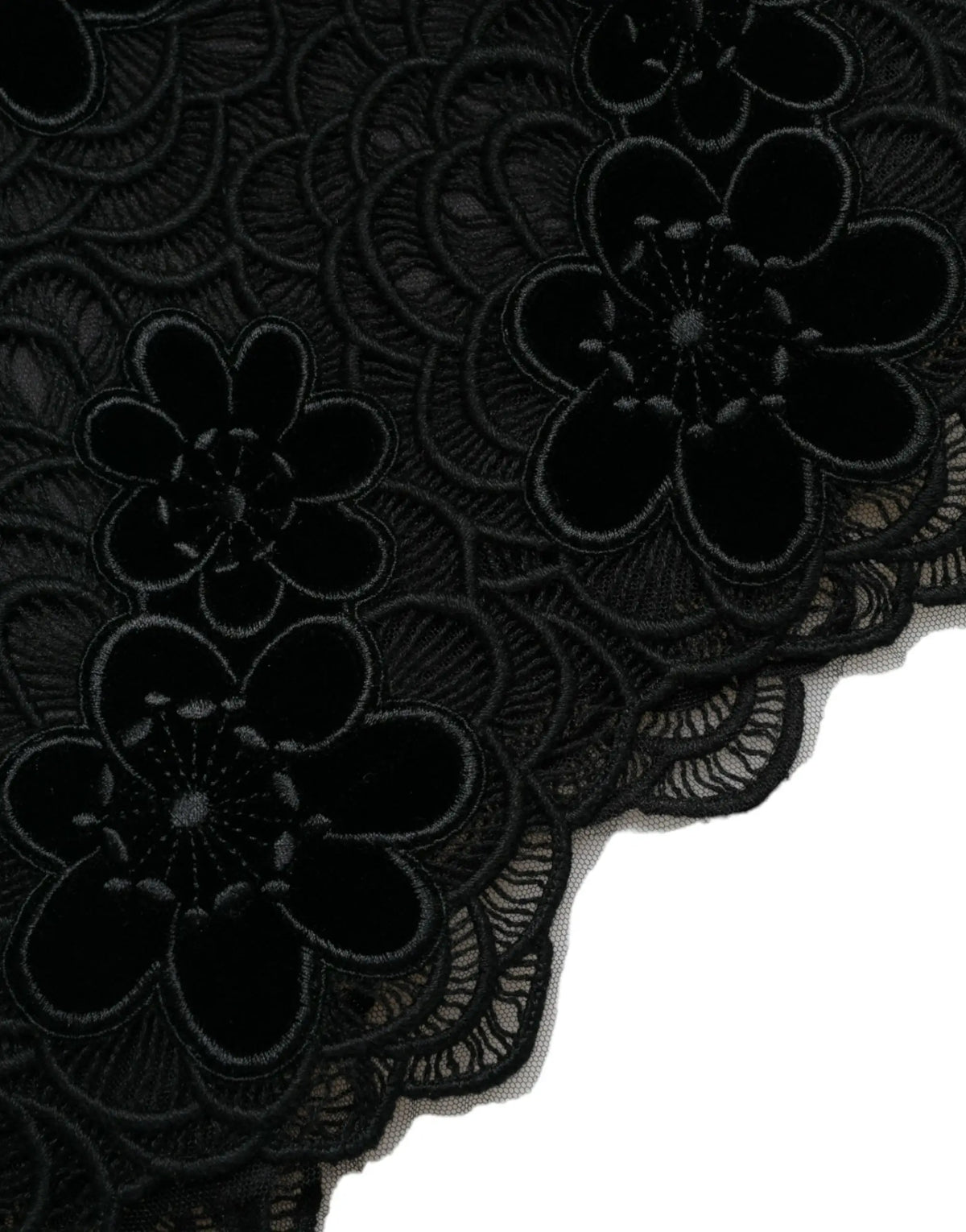 Dentelle florale noire avec fleurs en velours brodé et bords festonnés pour robe moulante coton dolce & gabbana