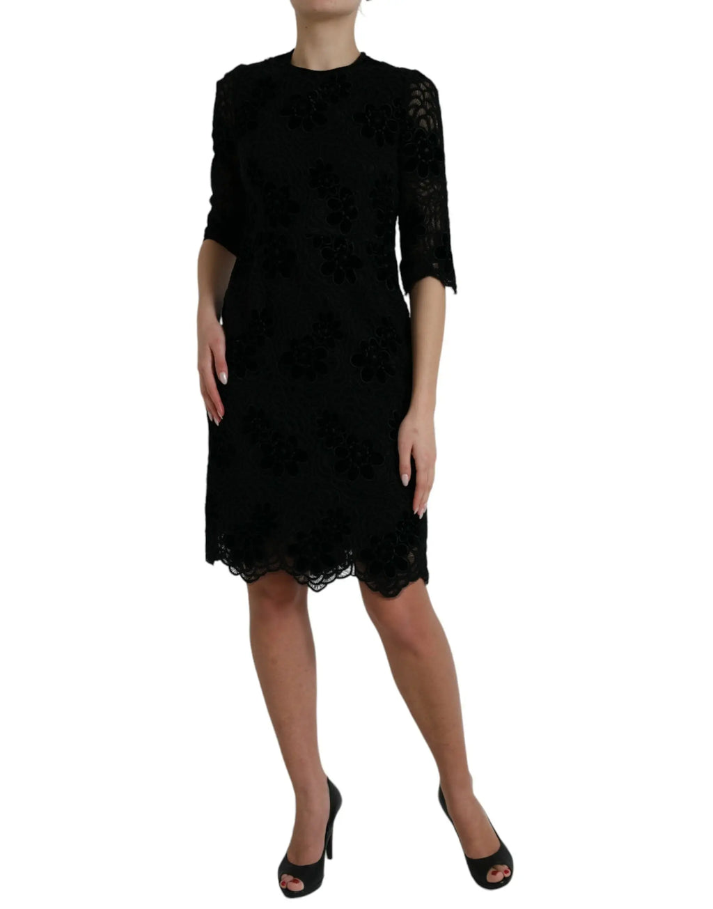 Robe noire en dentelle florale en coton dolce & gabbana à manches trois-quarts et ourlet festonné