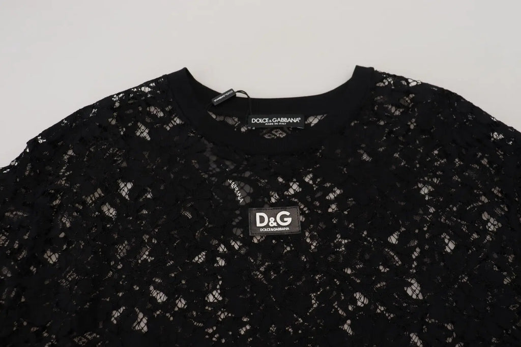 Dolce gabbana robe courte en coton noir avec dentelle florale et étiquette de marque d&g visible