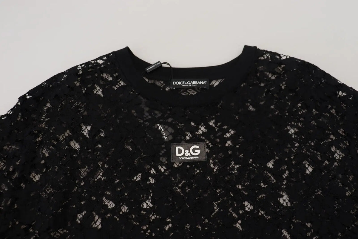 Dolce gabbana robe courte en coton noir avec dentelle florale et étiquette de marque d&g visible