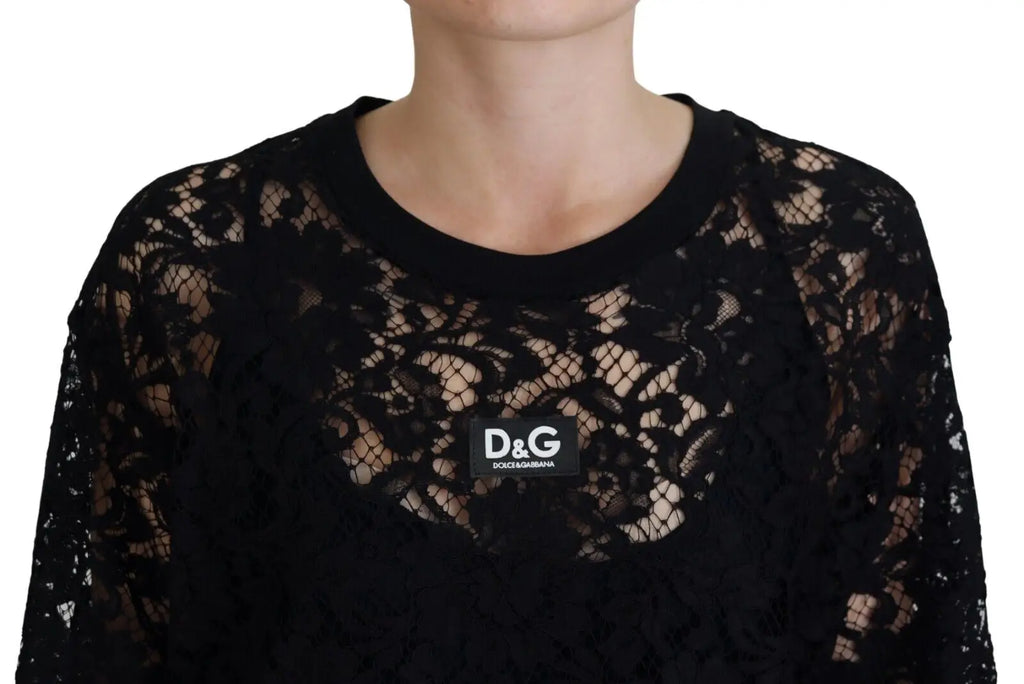 Dolce gabbana robe mini en coton noir en dentelle florale avec col rond et patch logo dg sur la poitrine