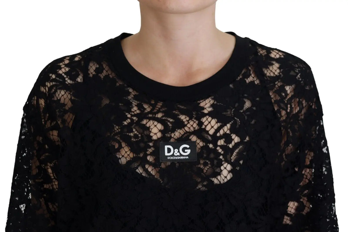 Dolce gabbana robe mini en coton noir en dentelle florale avec col rond et patch logo dg sur la poitrine