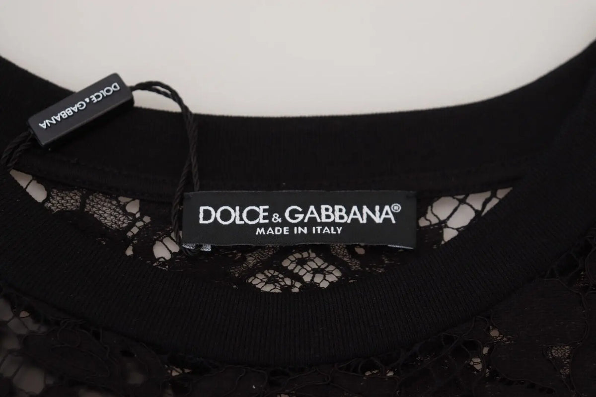 Robe courte droite en coton noir dolce gabbana avec dentelle florale délicate et étiquette fabriquée en italie