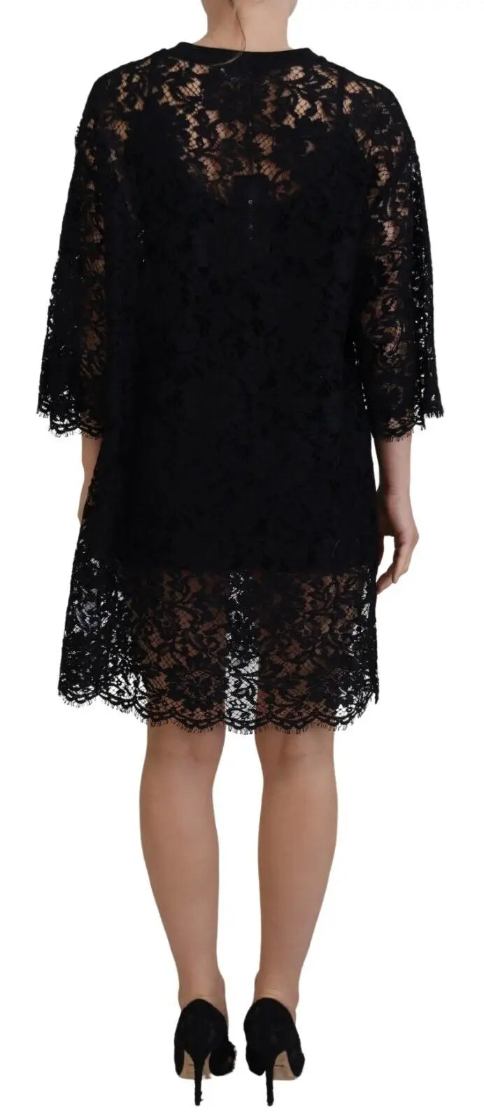 Robe courte noire en coton avec dentelle florale et manches trois-quarts de dolce & gabbana