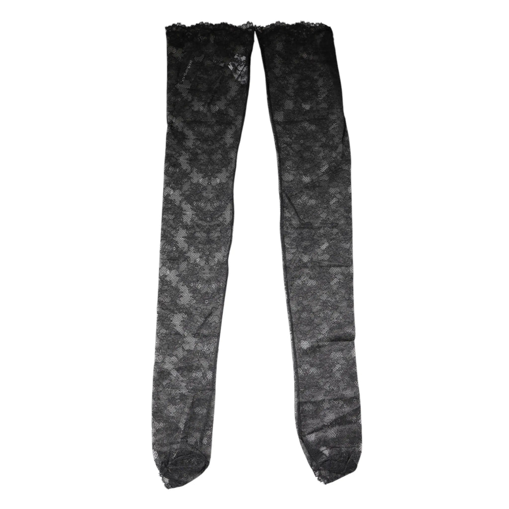 Dolce & gabbana bas noirs en dentelle florale en coton stretch avec motif délicat et bords festonnés
