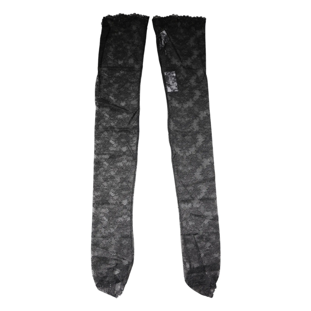Dolce & gabbana black floral lace cotton stretch stockings with delicate floral pattern and frayed edges