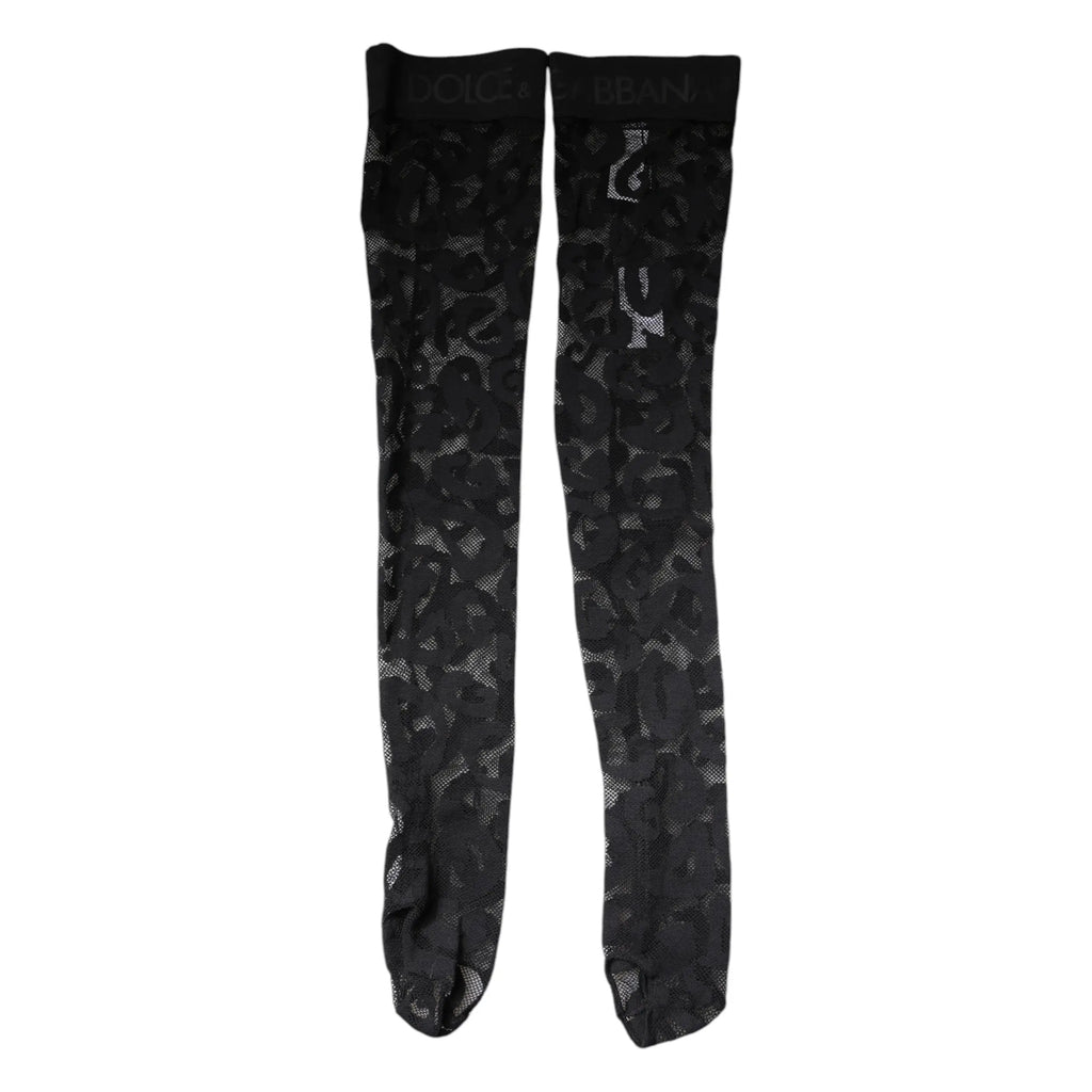 Dolce & gabbana noir bas autofixants en coton stretch avec dentelle florale et bande élastique imprimée