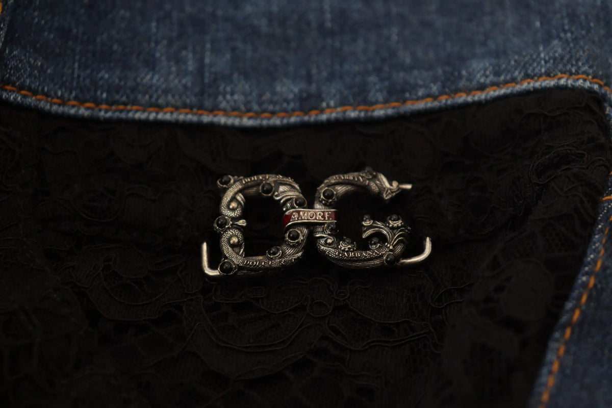 Jean skinny en denim noir dolce & gabbana avec dentelle florale et boucle argentée ornée dg et bannière rouge amore