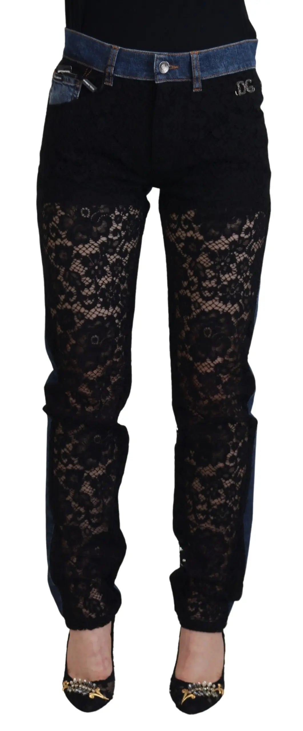 Jean skinny en denim noir dolce gabbana avec garniture en dentelle florale et ceinture bleue dg