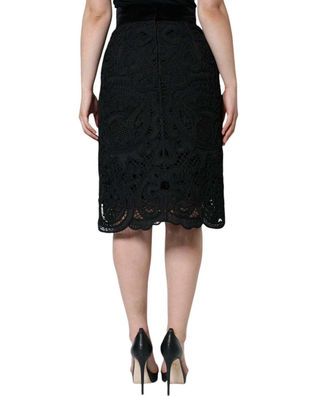 Jupe midi noire en dentelle florale dolce & gabbana avec taille haute et ourlet festonné détaillé