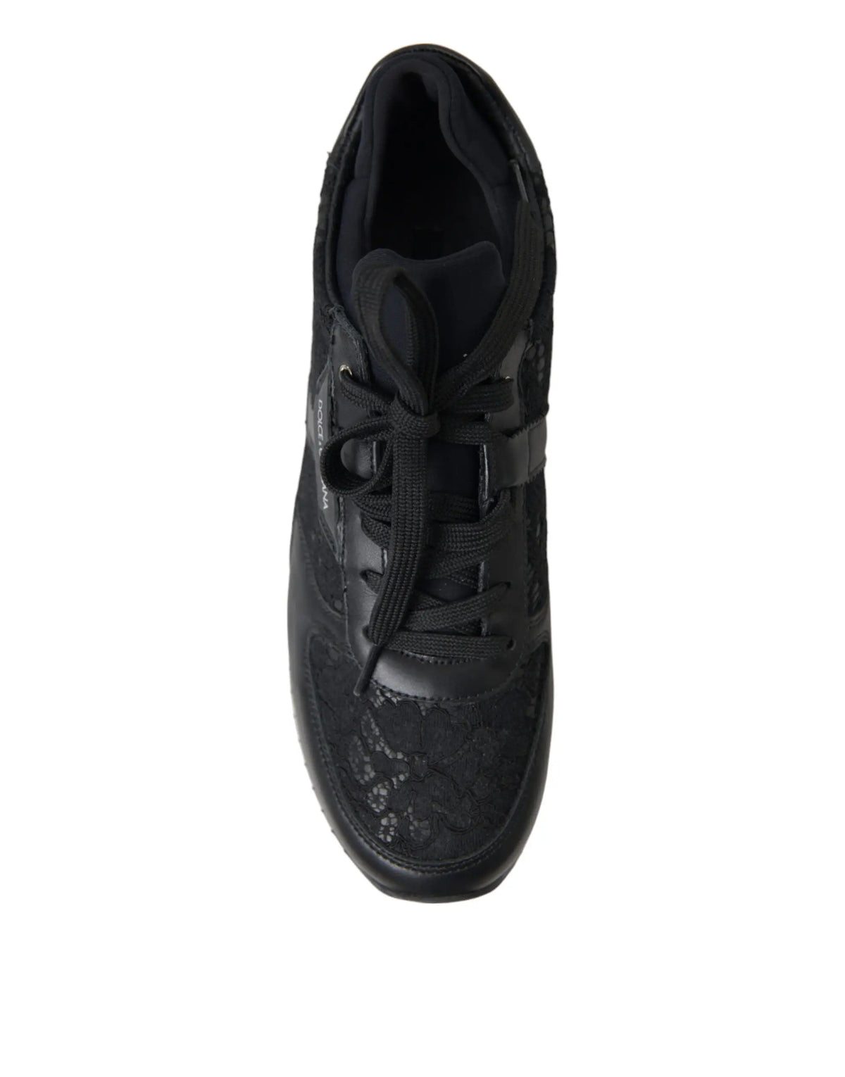 Baskets noire en cuir de dentelle florale dolce & gabbana avec tige texturée et lacets noirs élégants