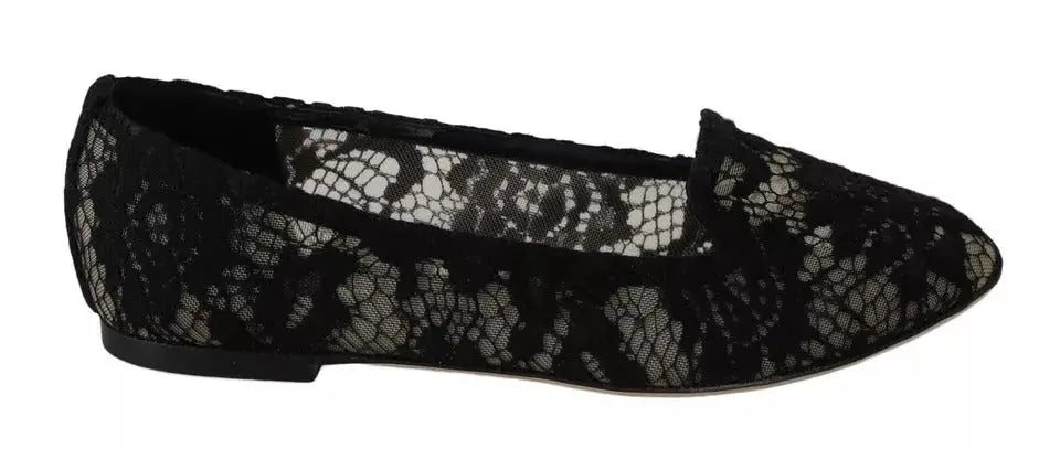 Dolce & gabbana chaussures plates noirs en dentelle florale avec un motif délicat et un bout pointu