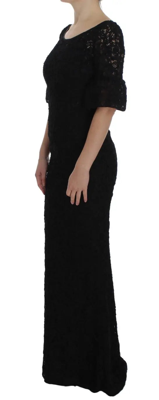 Robe longue noire en dentelle florale dolce & gabbana avec manches trois-quarts et silhouette ajustée