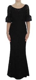 Robe longue noire dolce & gabbana en dentelle florale avec silhouette ajustée et manches évasées trois quarts