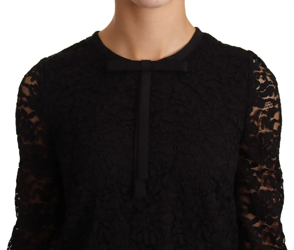 Blouse noire en dentelle florale en nylon dolce gabbana avec nœud délicat au col