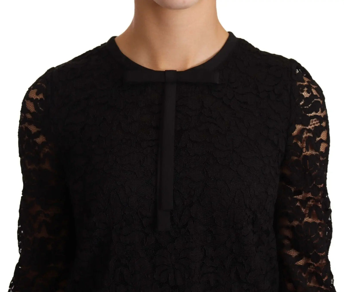 Blouse noire en dentelle florale en nylon dolce gabbana avec nœud délicat au col