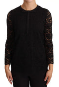 Blouse noire diana gabanna en nylon à dentelle florale avec manches trois-quarts et nœud au col