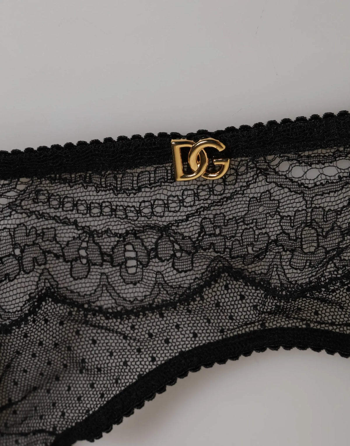 Sous-vêtement noir en dentelle florale Dolce & Gabbana avec logo dg doré et jarretelles en nylon