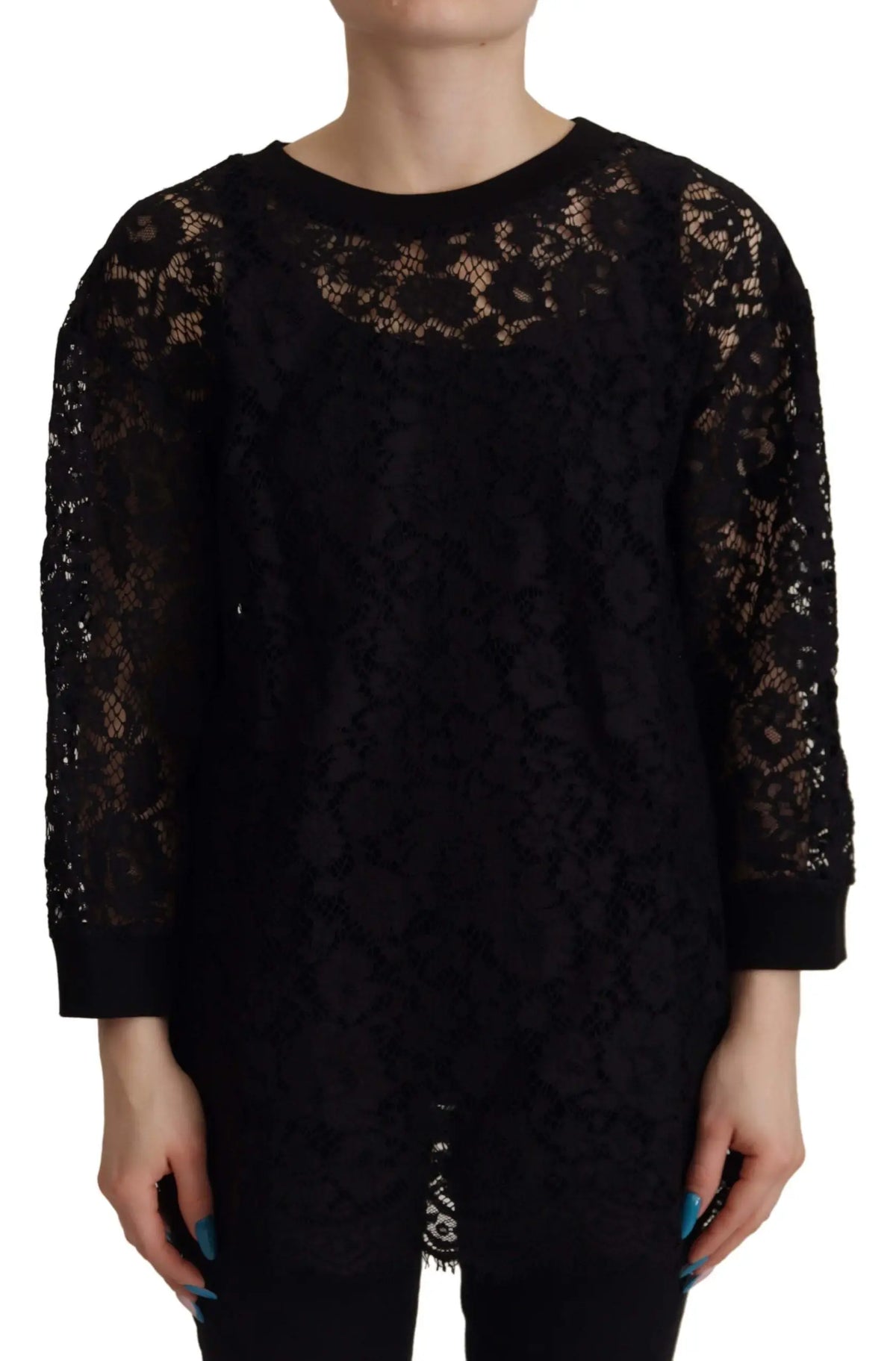 Black lace long-sleeved top with round neckline and three-quarter sleeves by Dolce & Gabbana