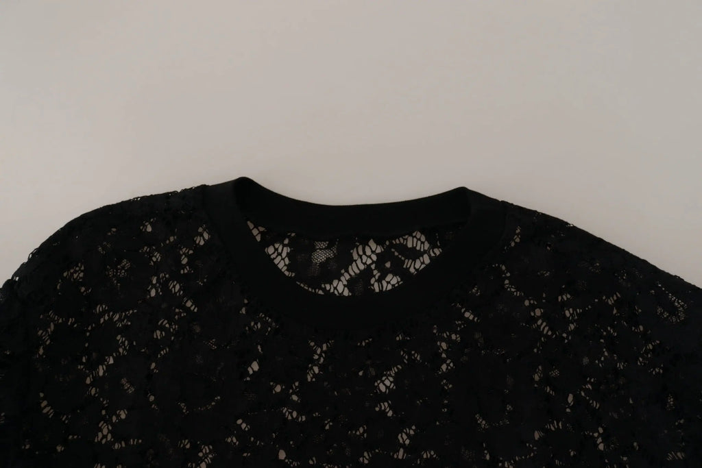 Dolce & gabbana blouse sicily noire en dentelle florale délicate avec col rond et motif intricate
