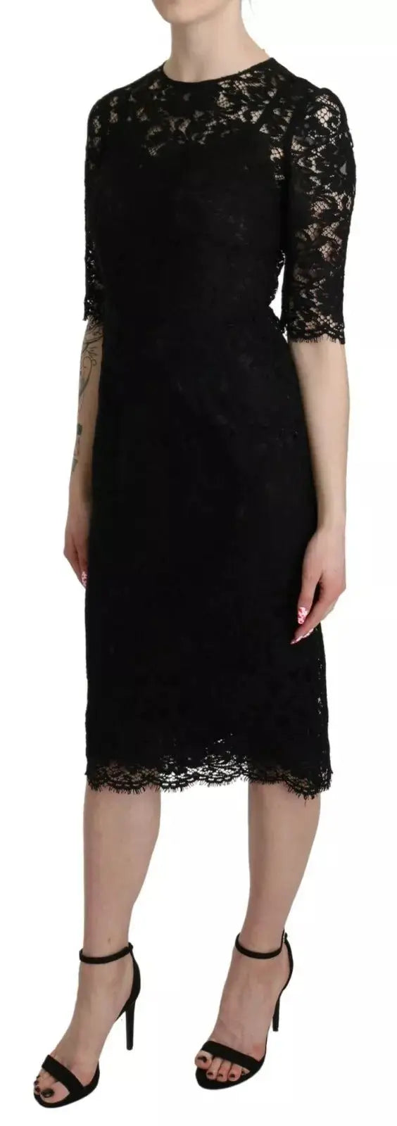 Dolce & Gabbana robe noire en dentelle florale midi avec manches trois-quarts et silhouette ajustée