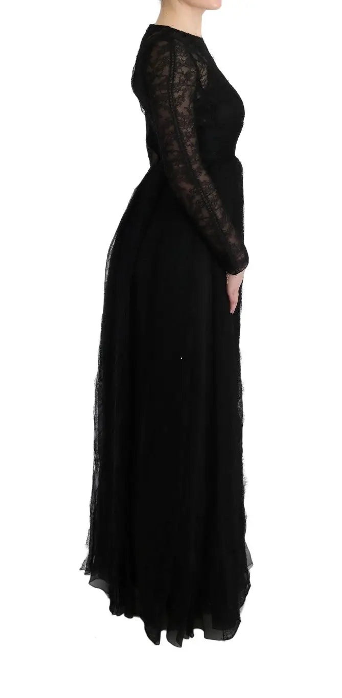 Robe longue noire en dentelle noire dolce & gabbana à manches longues avec jupe fluide et overlay transparent