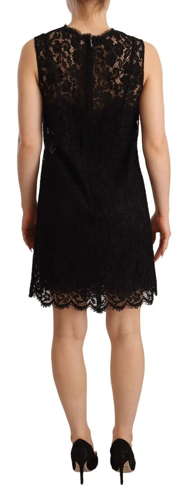 Robe mini noire Dolce & Gabbana en dentelle florale sans manches avec motifs détaillés et ourlet festonné