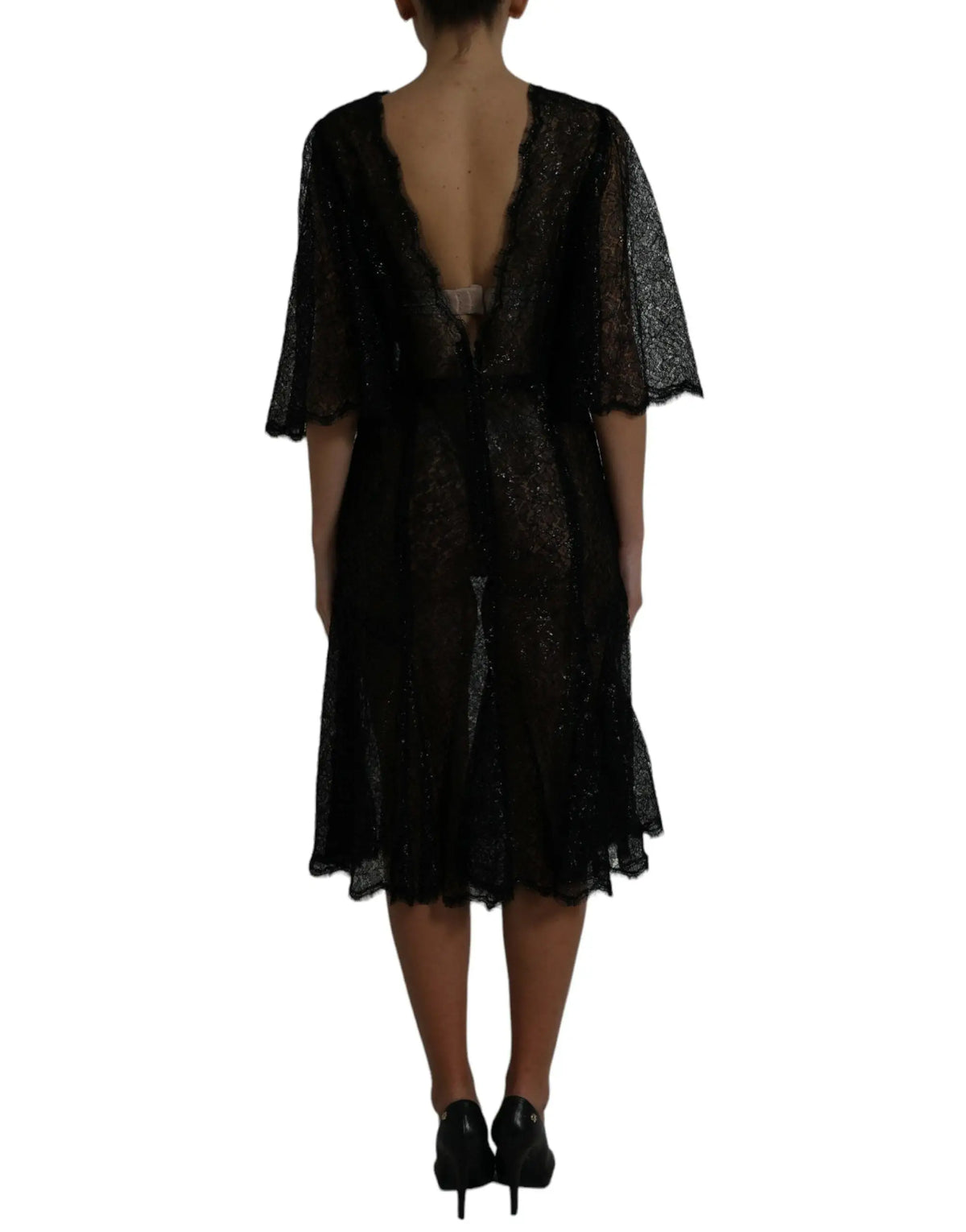 Robe midi dolce & gabbana en dentelle noire florale avec dos échancré profond et manches transparentes volantées vue dos