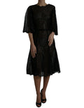 Robe midi noire dolce & gabbana en dentelle florale avec manches transparentes et volantées cintrée au corps