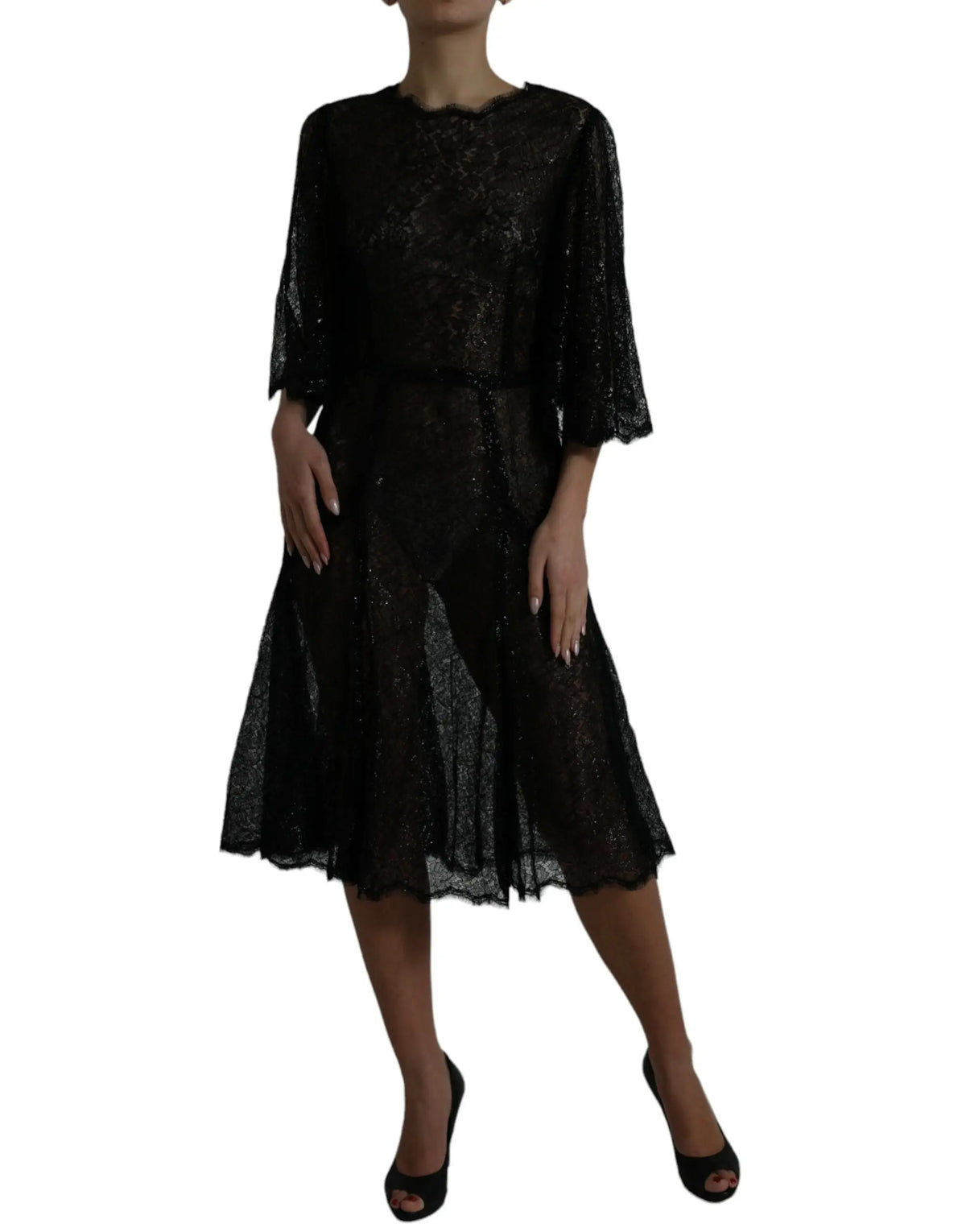 Robe midi noire en dentelle florale translucide dolce & gabbana avec manches trois-quarts et taille cintrée