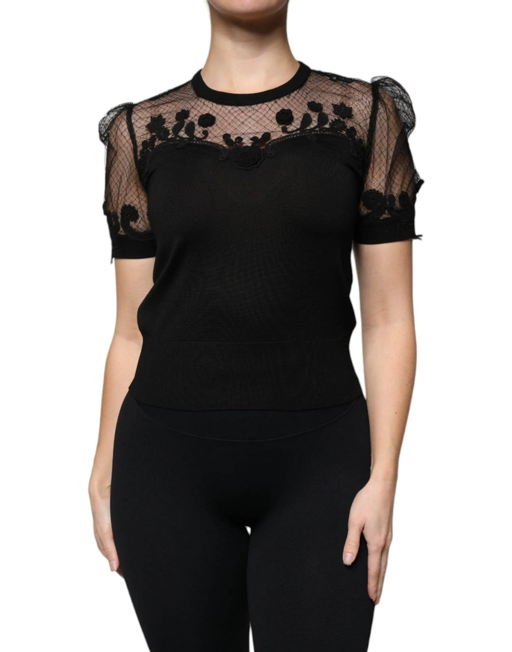 Top noir dolce & gabbana à manches courtes en dentelle avec tulle transparent et broderie florale