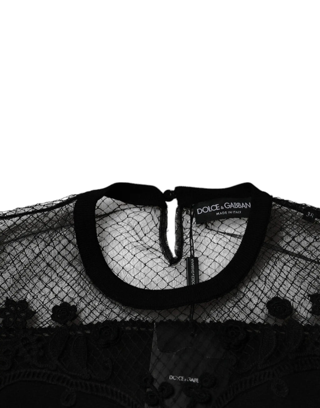 Dolce & gabbana blouse noire en dentelle florale avec manches courtes et encolure en mesh transparent