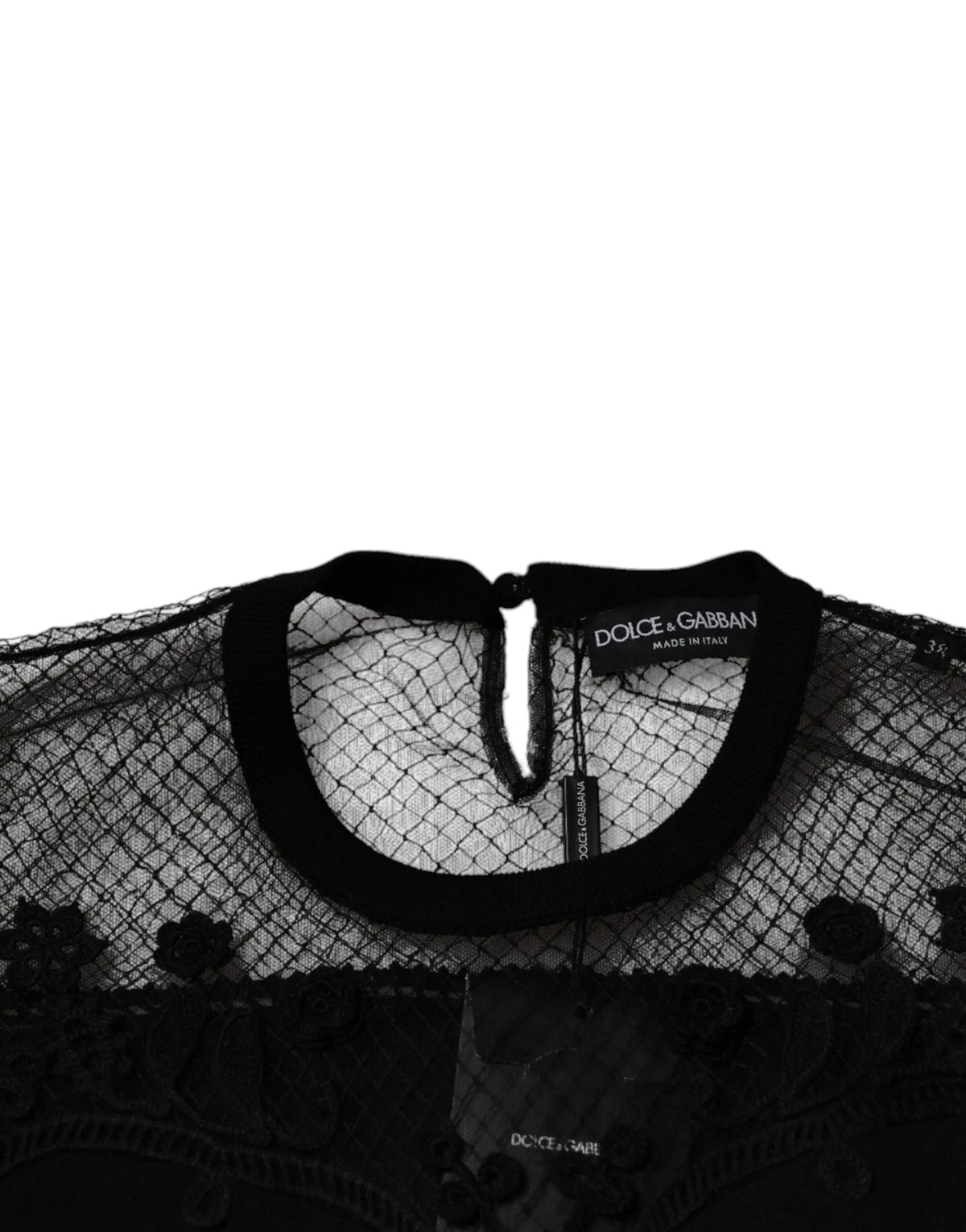 Dolce & gabbana blouse noire en dentelle florale avec manches courtes et encolure en mesh transparent