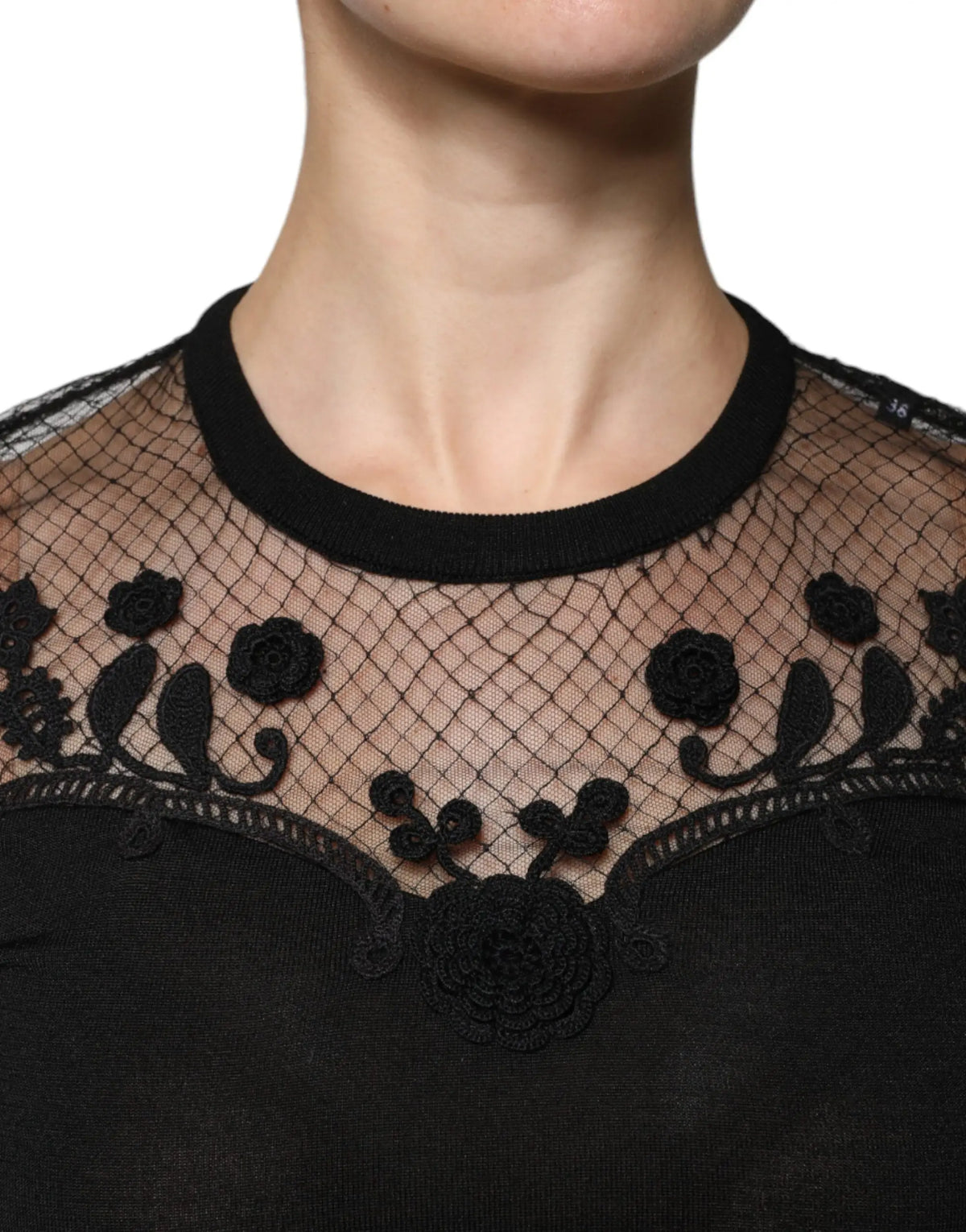 Dolce & Gabbana blouse noire en dentelle florale avec manches courtes et encolure en mesh délicate