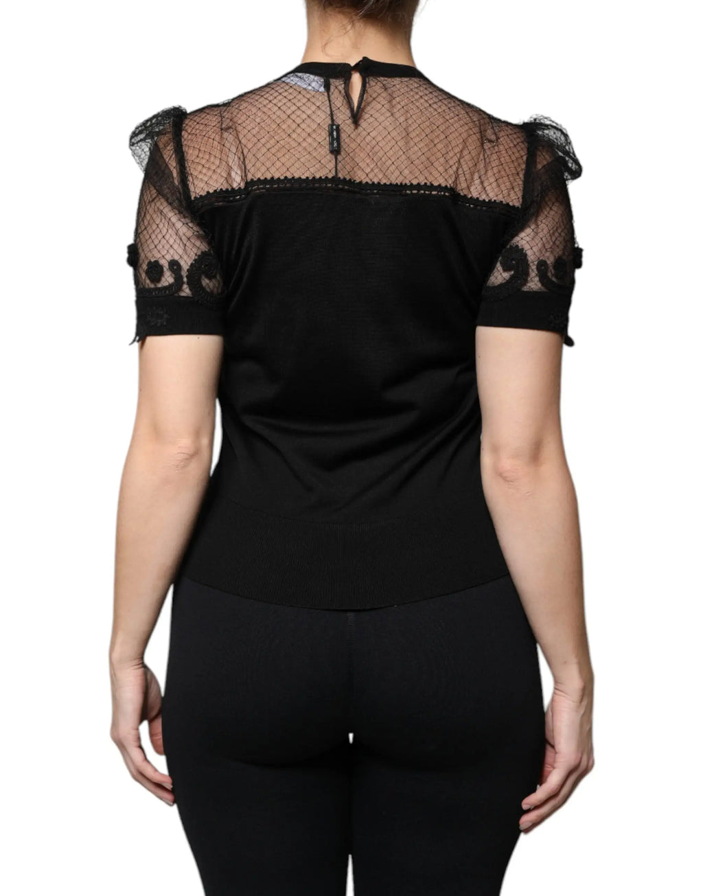 Blouse noire Dolce & Gabbana à manches courtes en dentelle florale avec détails en maille transparente