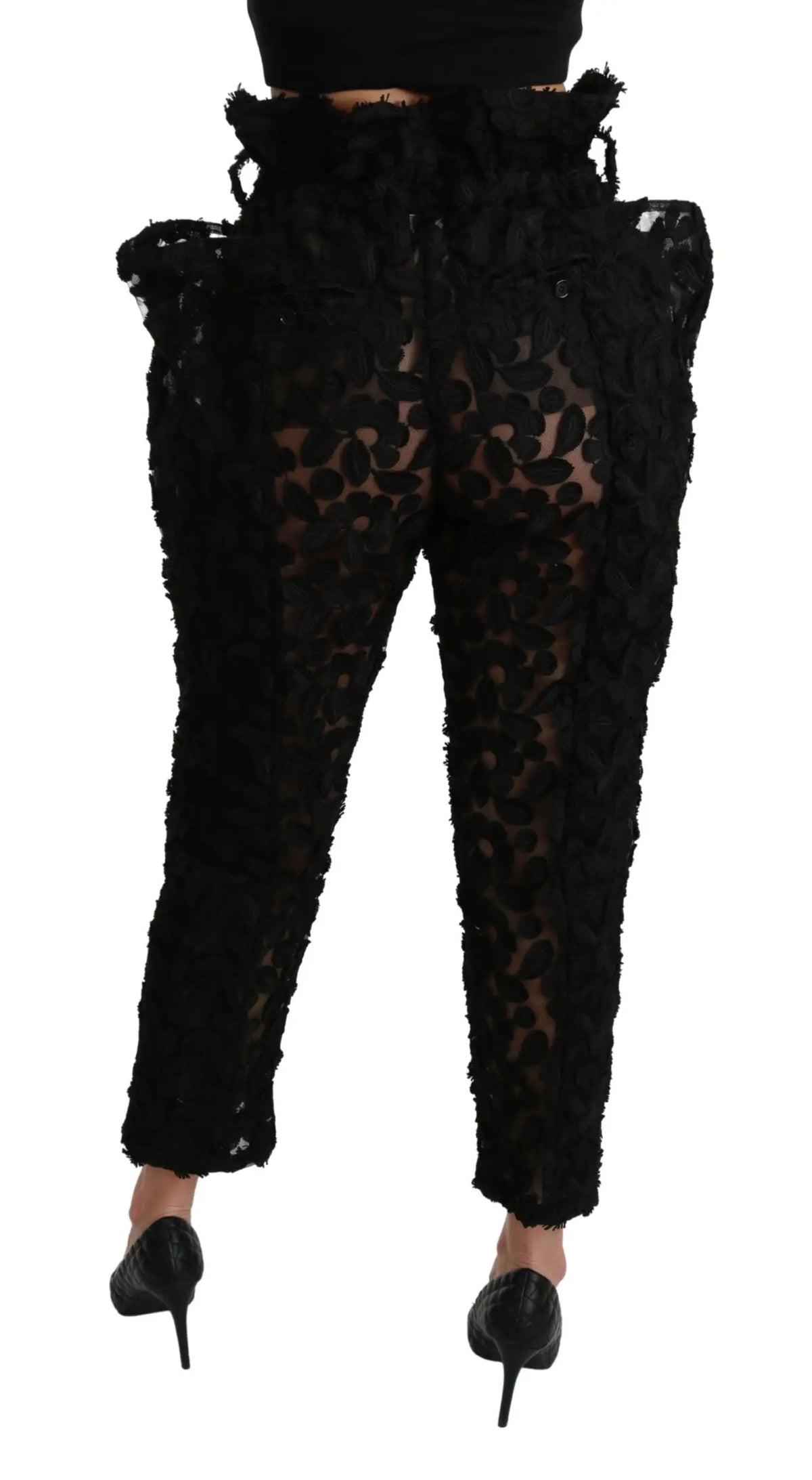Pantalon noir dolce & gabbana en dentelle florale à taille haute et jambe fuselée avec volants et panneaux transparents