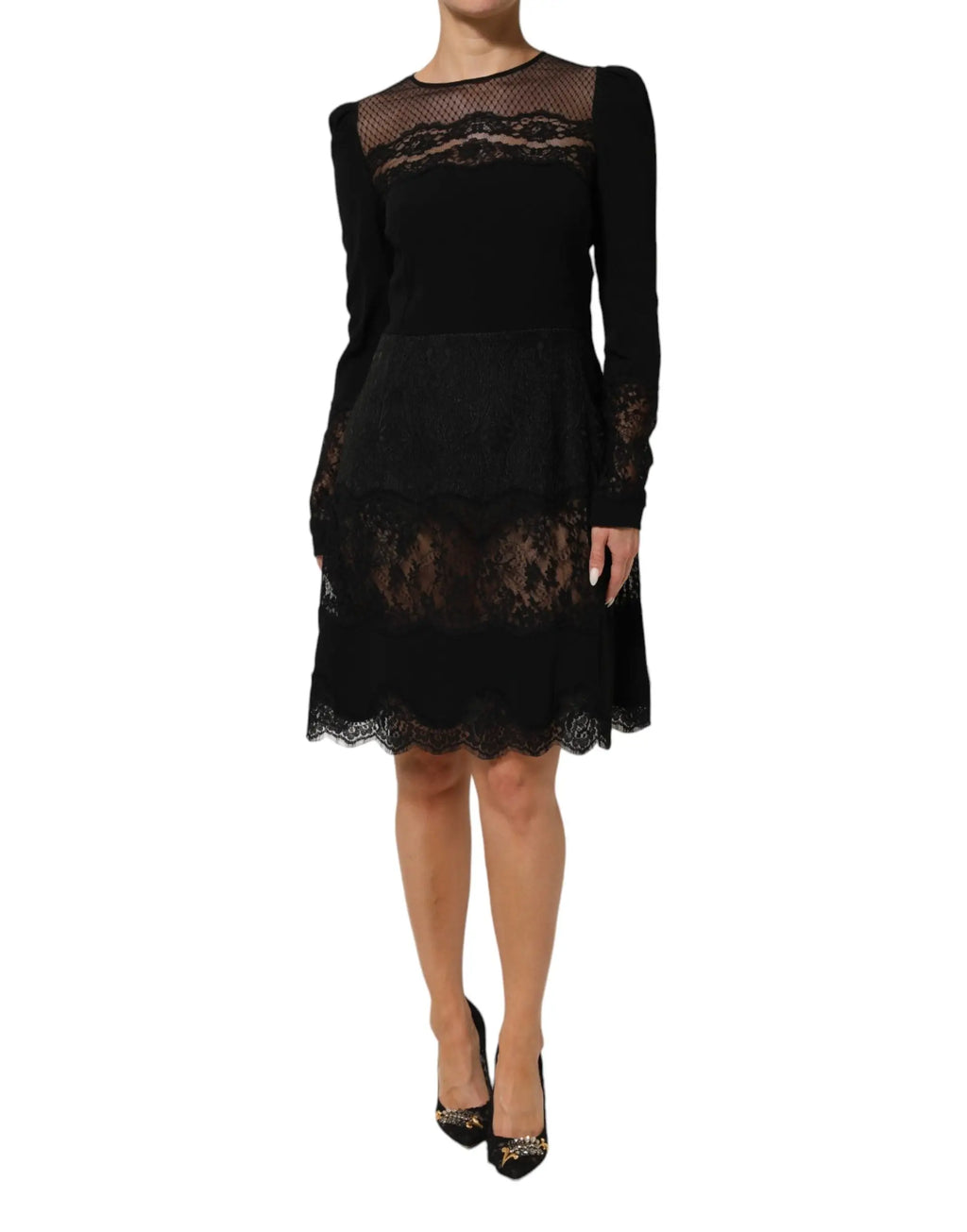 Robe noire dolce & gabbana en dentelle florale avec manches longues et corsage ajusté en coupe droite