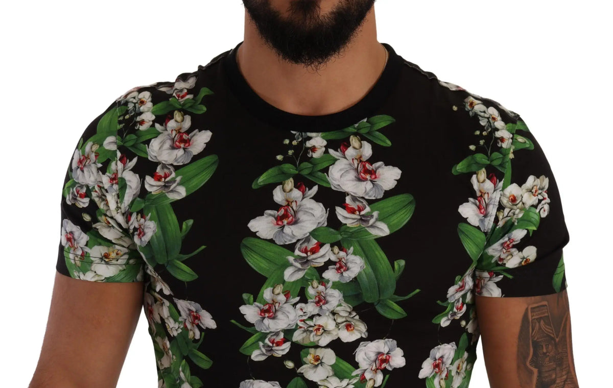 Dolce & gabbana t-shirt noir manches courtes avec motif floral vibrant dorchidées blanches et feuilles vertes