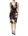Robe étroite sans manches dolce & gabbana noire à motif floral vibrant avec roses rouges et blanches sur fond sombre