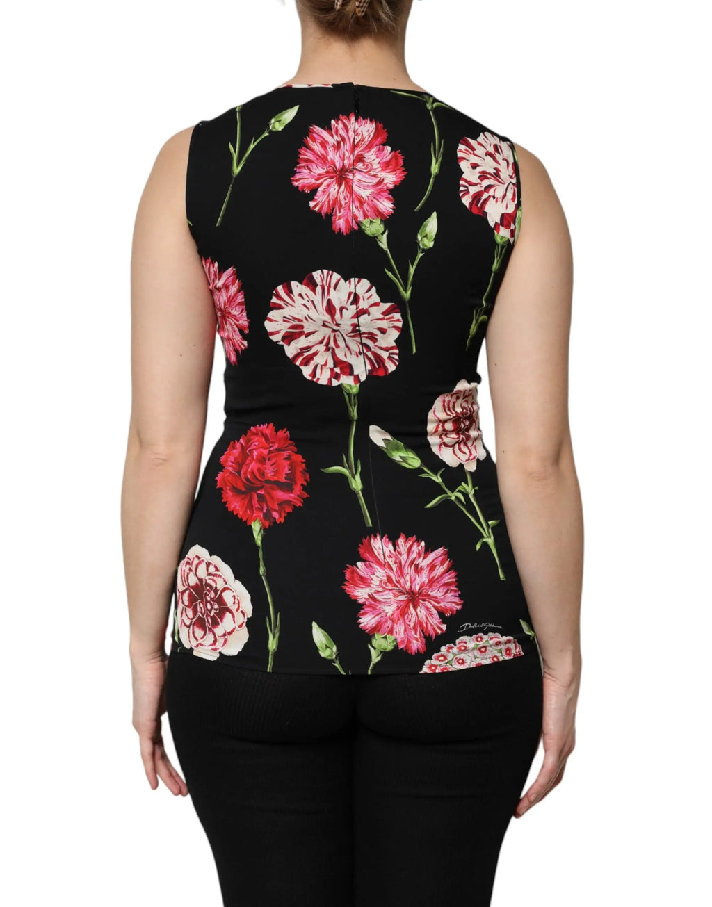 Dolce & gabbana débardeur noir à motif floral vibrant de carnations roses et rouges sur tiges vertes